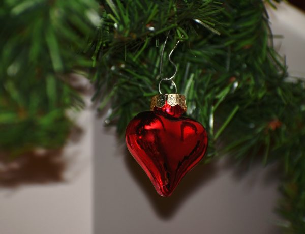 heart-shaped red ornament hanging on a Christmas tree